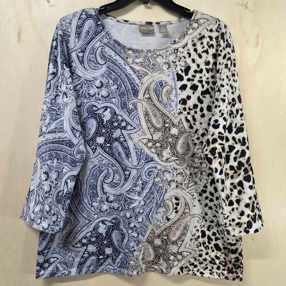 Chico's Mixed Print Paisley Leopard Top Blue Tan Size 1 Medium Scoop Neck Knit